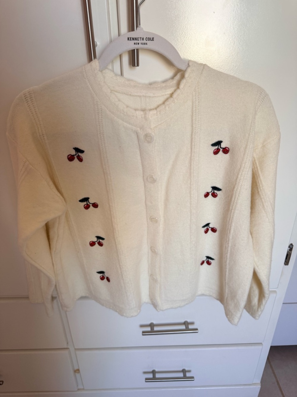 Korean Cream Cherry Embroidered Button-Up Cardigan